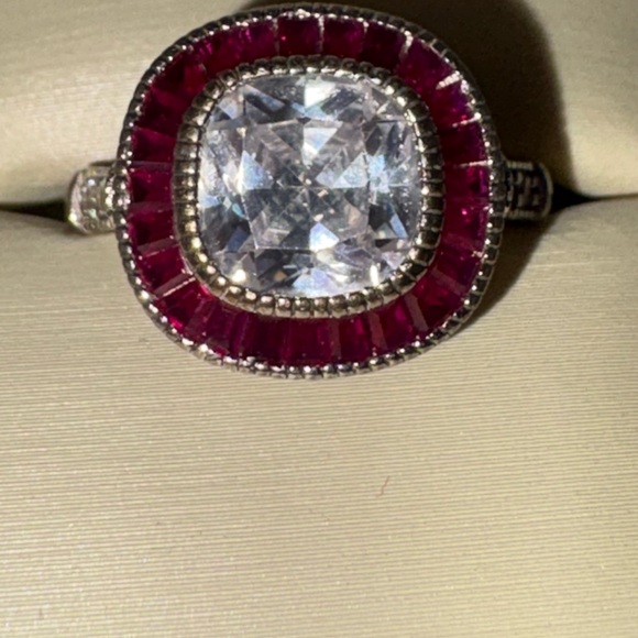 Rhodium Plated Sterling Art Deco Inspired Cushion Cut Faux Dia & Ruby Ring - Picture 2 of 7